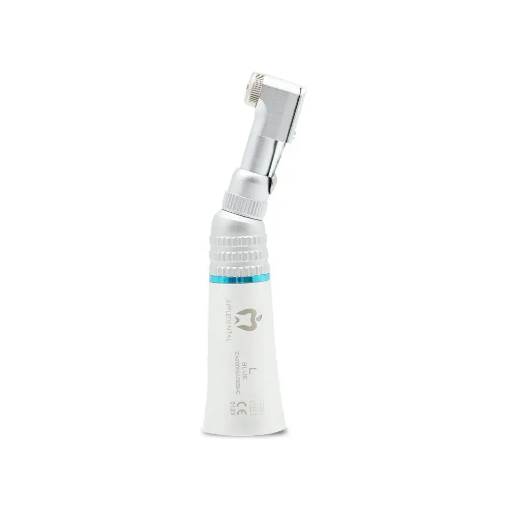 Latch type dental contra angle handpiece with silver and white body on white background