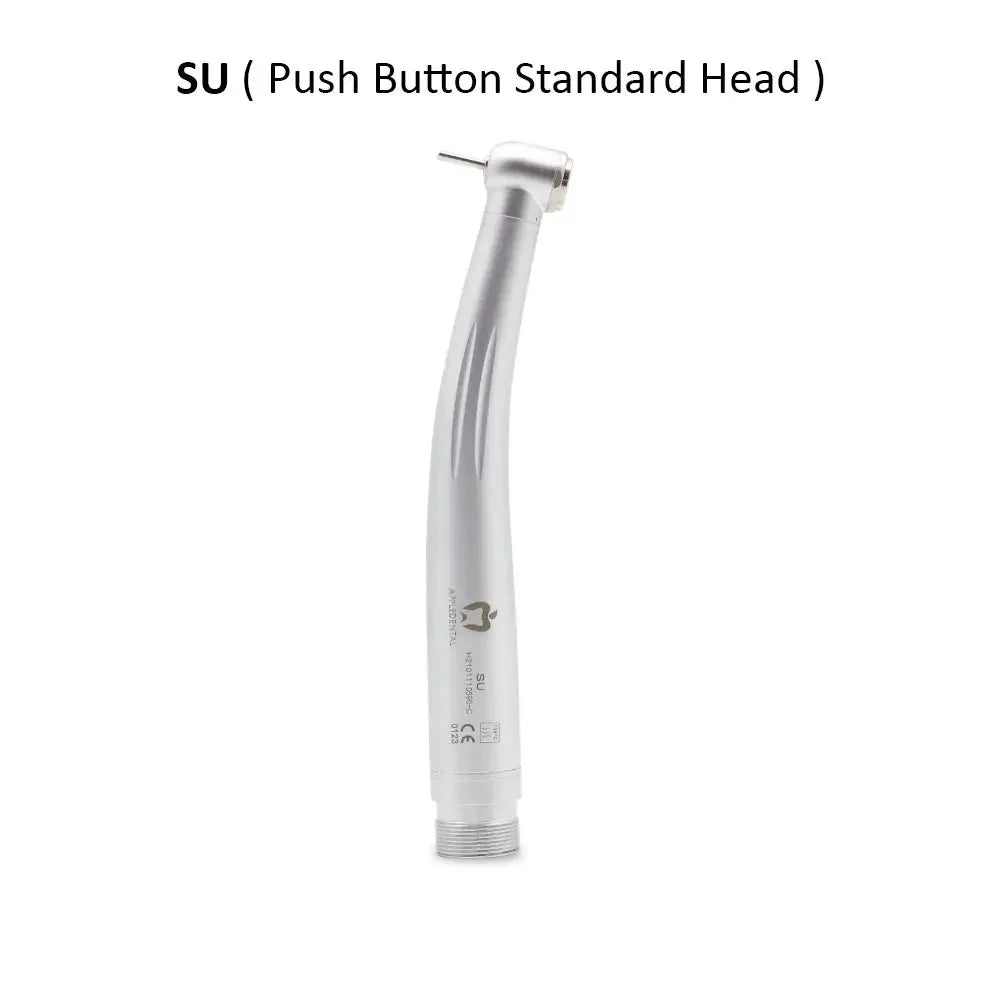 Silver dental airotor handpiece with push button standard head on white background