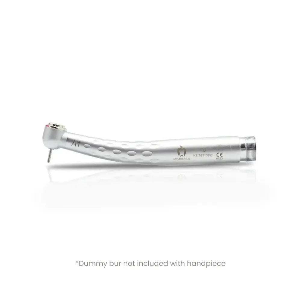 Silver dental airotor handpiece with textured grip on white background