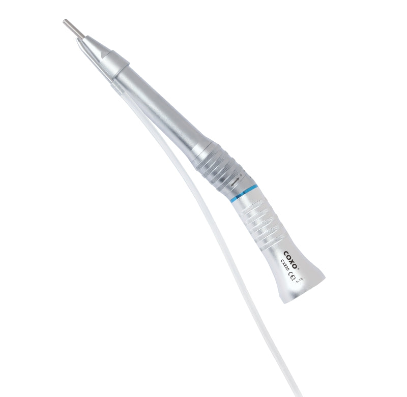 Straight external dental surgical handpiece, silver, isolated on white background