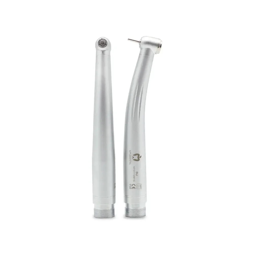 Pair of silver dental high speed airotor handpieces with angled heads on white background