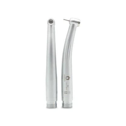 Pair of silver dental high speed airotor handpieces with angled heads on white background