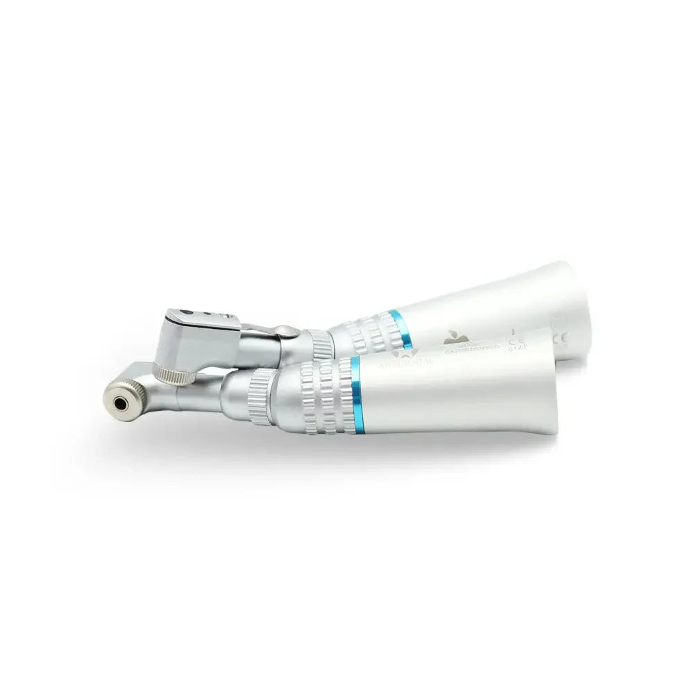 Dental contra angle handpiece with silver body and blue ring on white background