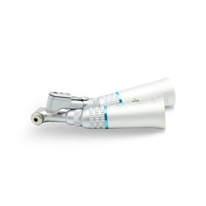 Dental contra angle handpiece with silver body and blue ring on white background