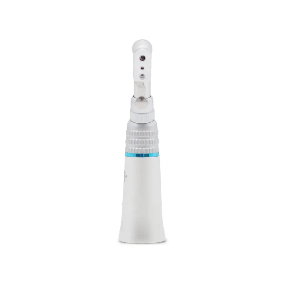 Contra angle dental handpiece with metallic body, front view on white background