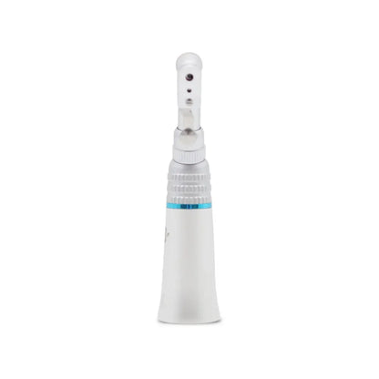 Contra angle dental handpiece with metallic body, front view on white background