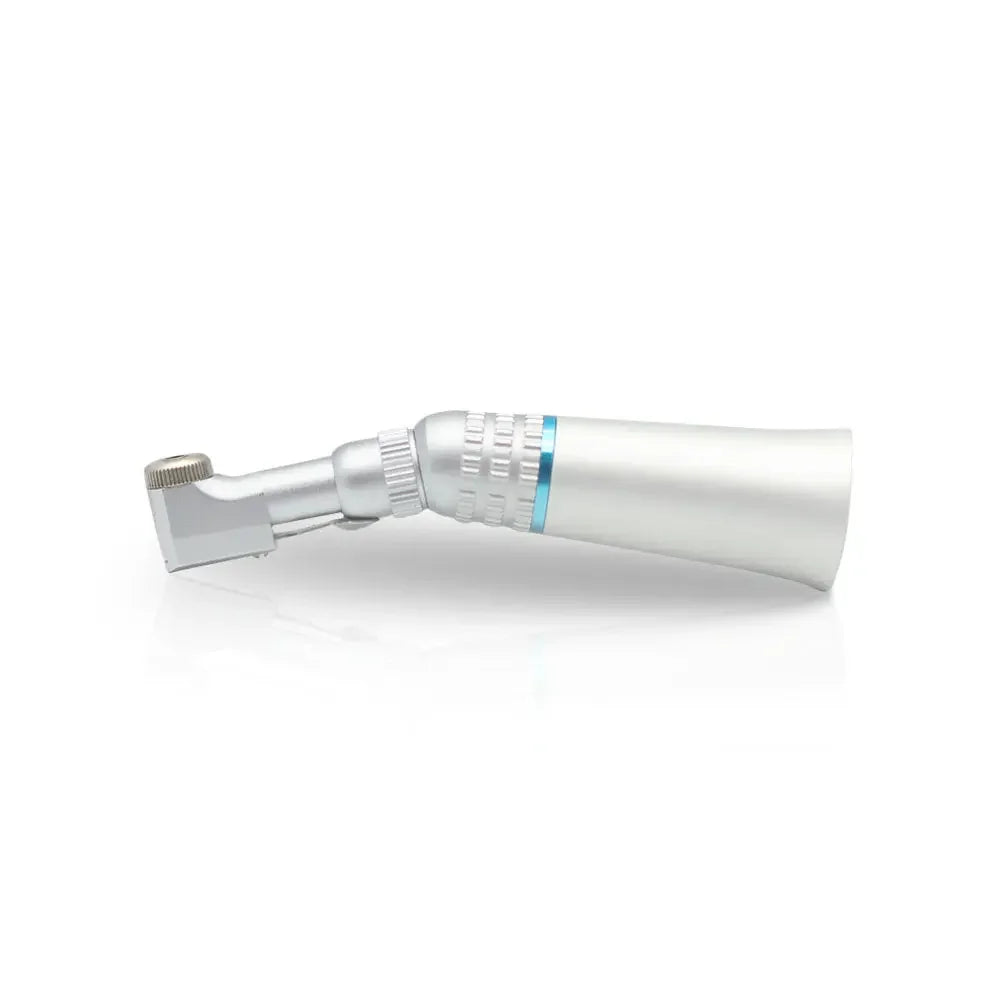 Metal dental contra angle handpiece on white background, ergonomic design, dental tool
