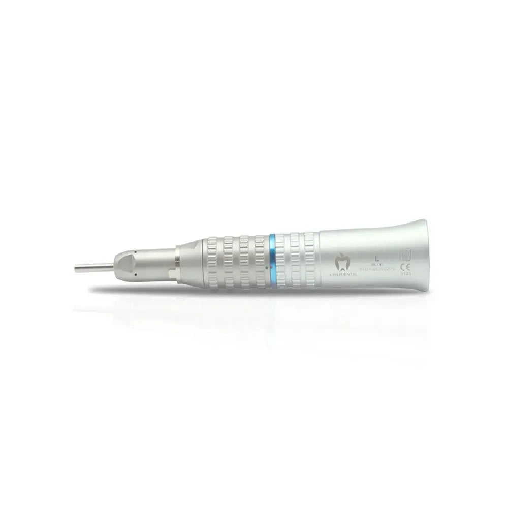 Straight dental handpiece with metallic body and blue ring, isolated on white background