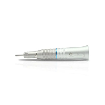 Straight dental handpiece with metallic body and blue ring, isolated on white background