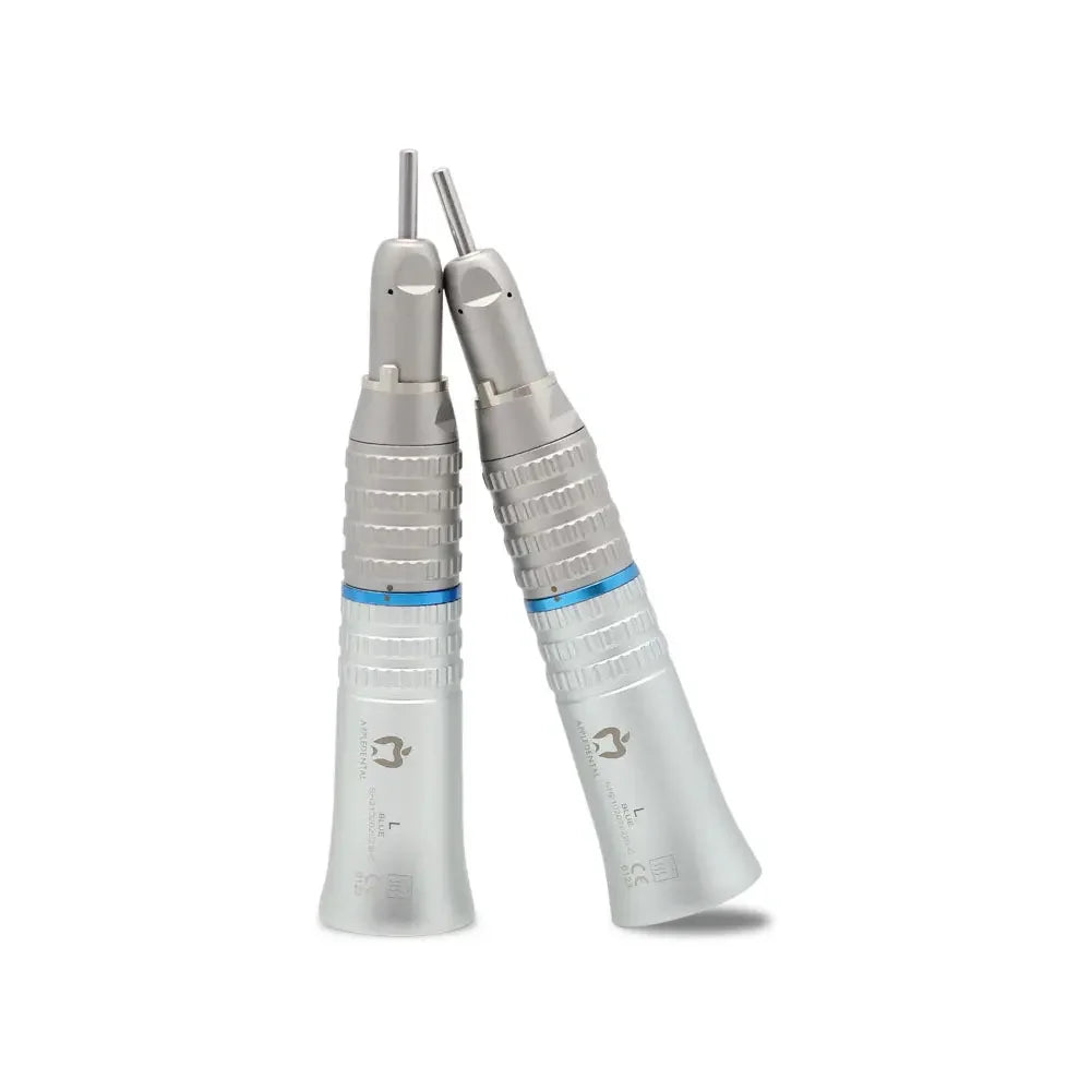 Two straight dental handpieces with silver bodies and blue bands on white background
