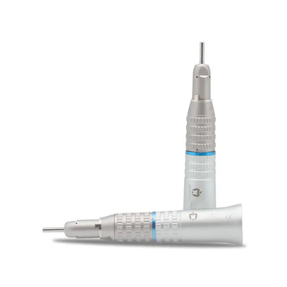 Two silver dental straight handpieces with textured grip on a white background