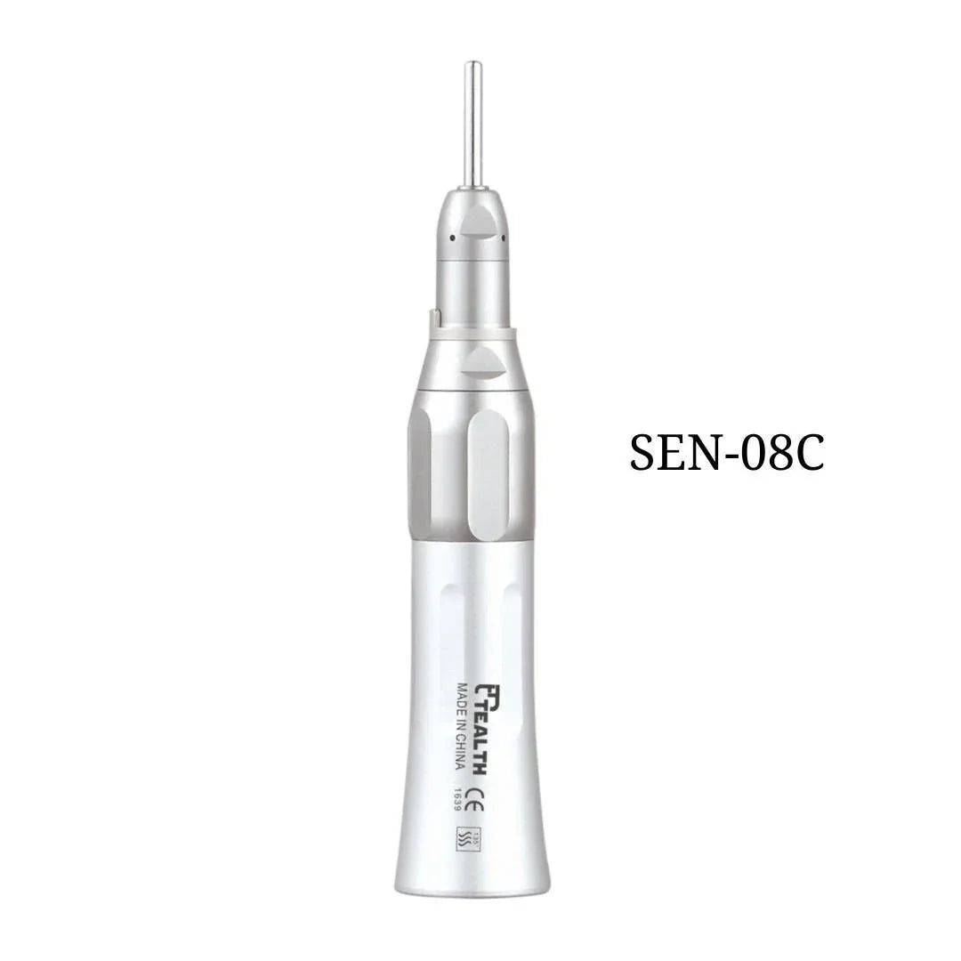Silver dental straight handpiece SEN-08C with textured grip on white background