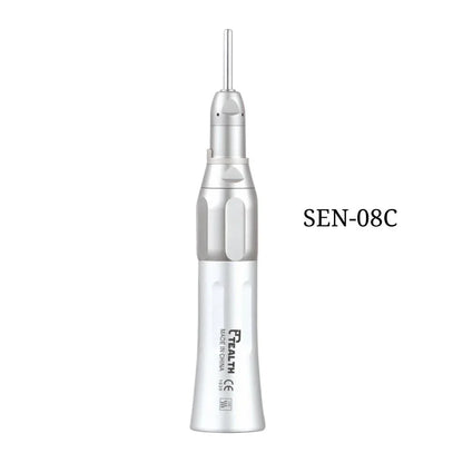 Silver dental straight handpiece SEN-08C with textured grip on white background