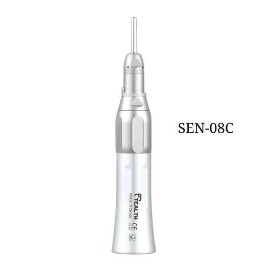 Silver dental straight handpiece SEN-08C with textured grip on white background