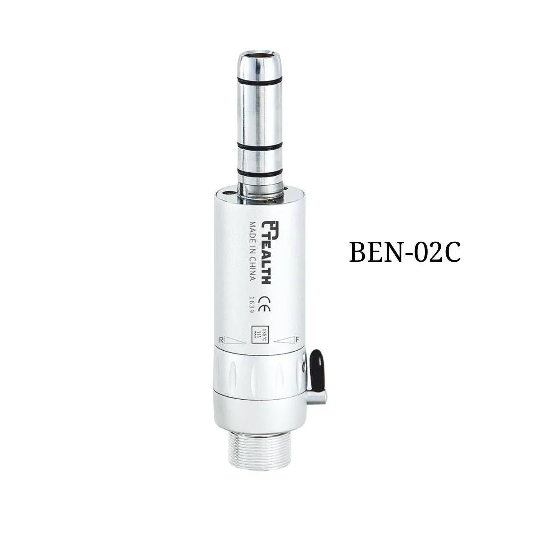 Silver dental handpiece motor BEN-02C with control lever, isolated on white background