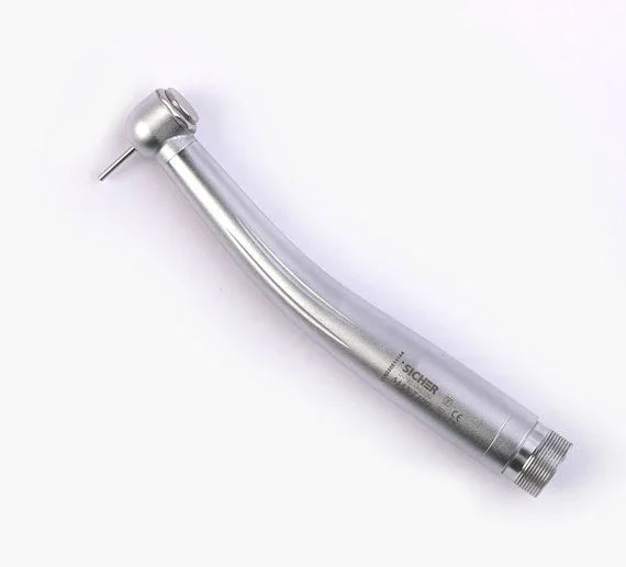 Silver dental airotor handpiece with bur on white background, high speed dental tool
