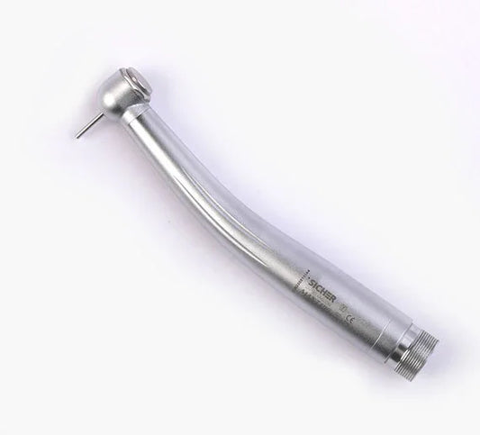 Silver dental airotor handpiece with bur on white background, high speed dental tool