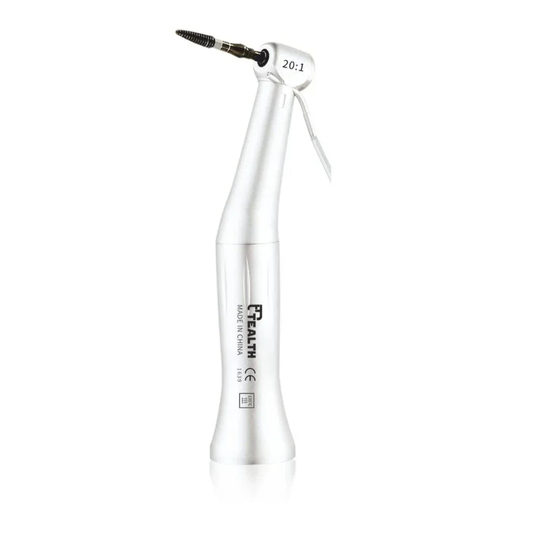 Dental contra angle handpiece with silver finish and 20:1 gear ratio, used for endodontics