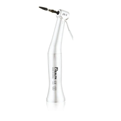 Dental contra angle handpiece with silver finish and 20:1 gear ratio, used for endodontics