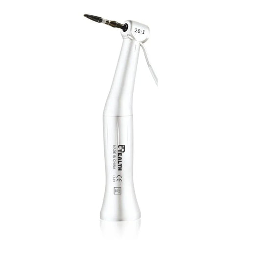 Dental contra angle handpiece with silver finish and 20:1 gear ratio, used for endodontics