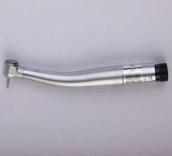 Silver dental airotor handpiece with contra angle, straight body, and bur on white background