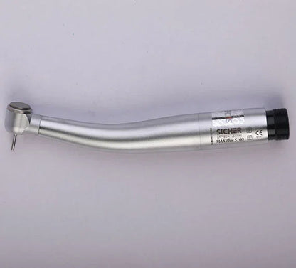 Silver dental airotor handpiece with contra angle, straight body, and bur on white background