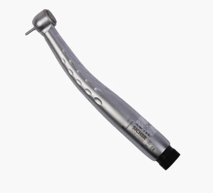 Silver dental high speed handpiece airotor with textured grip, isolated on white background