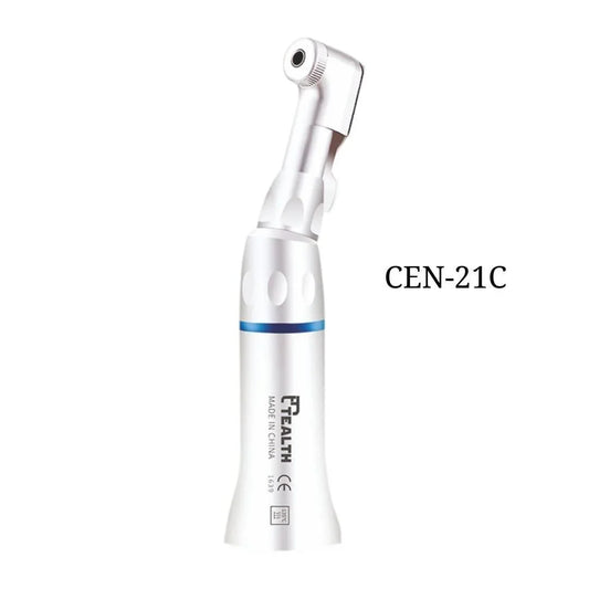 Dental contra angle handpiece CEN-21C with metal body and blue accent, isolated on white background