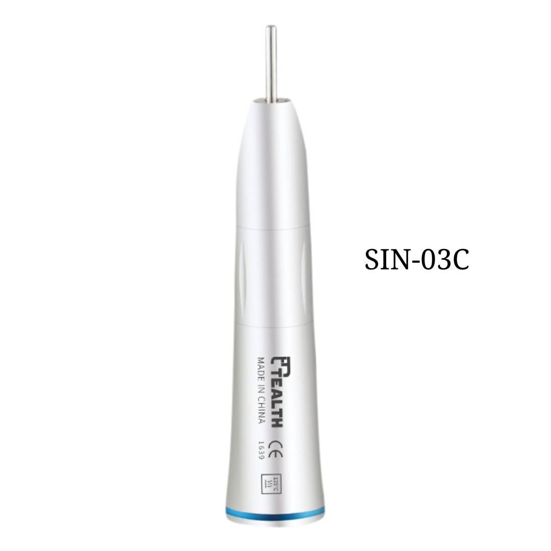 Silver dental straight handpiece with blue ring, model SIN-03C, on white background