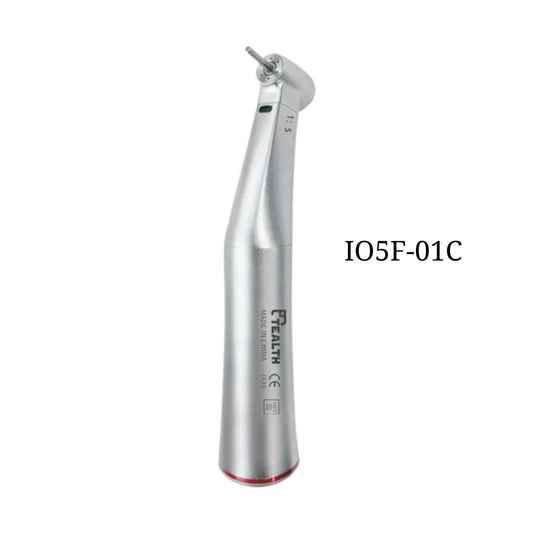Silver dental contra angle handpiece labeled 1:5, model IO5F-01C, on white background.