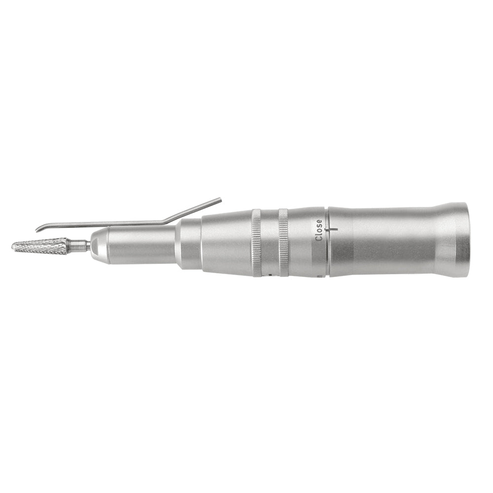 Silver straight dental handpiece with bur for dental procedures on white background