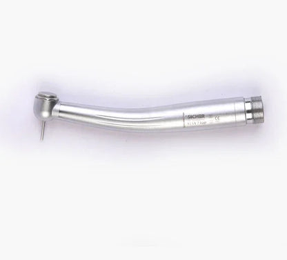 Silver dental air rotor handpiece with bur, high speed turbine tool on white background