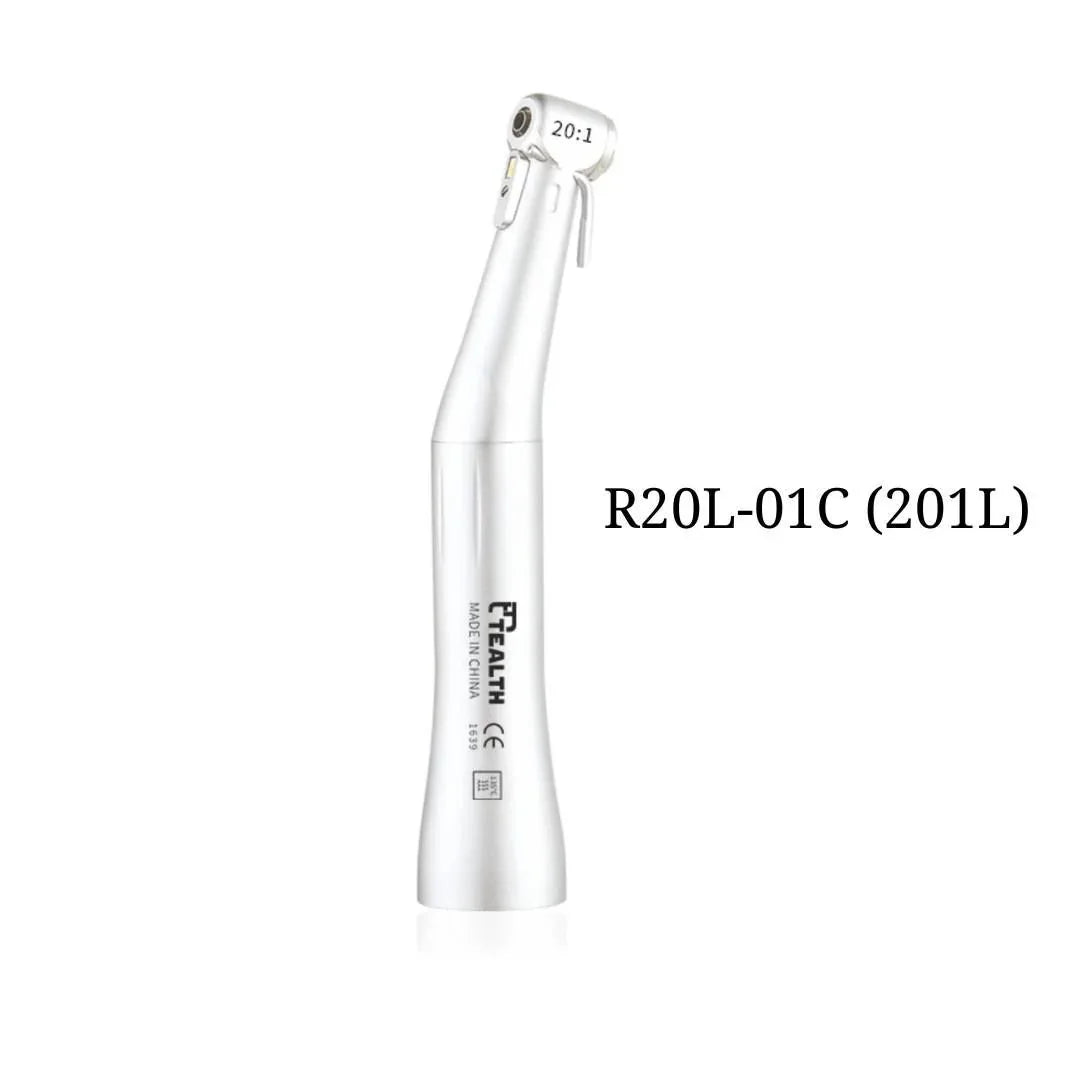 Dental contra angle handpiece R20L-01C 201L, silver, angled head, on white background