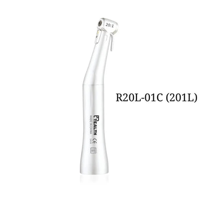 Dental contra angle handpiece R20L-01C 201L, silver, angled head, on white background