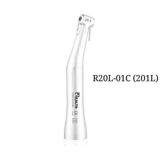 Dental contra angle handpiece R20L-01C 201L, silver, angled head, on white background