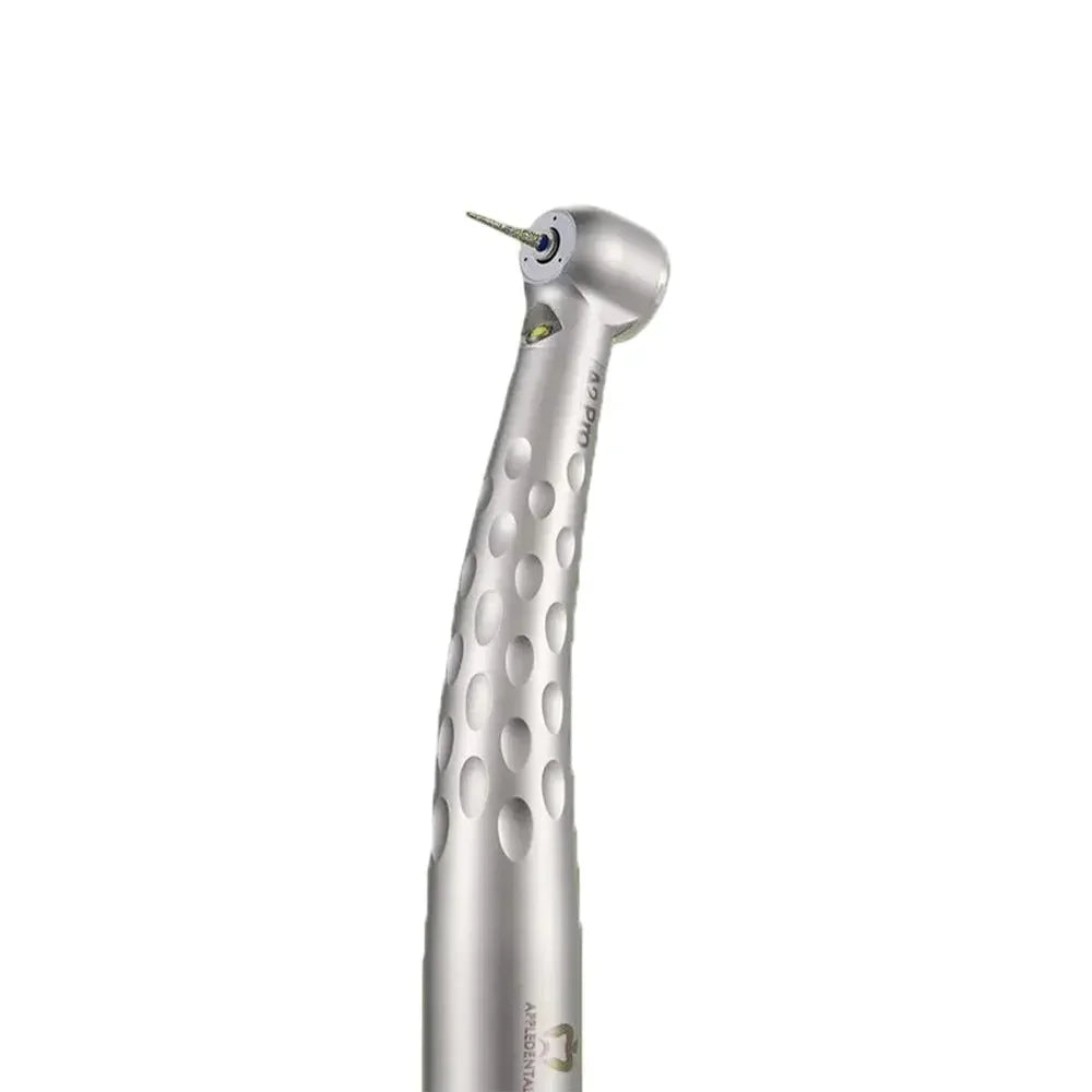Dental airotor handpiece with textured grip and bur, silver finish, isolated on white background